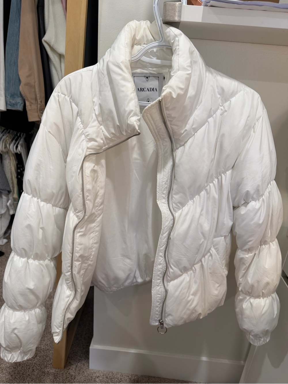 Arcadia White Cropped Puffer Jacket with High Collar